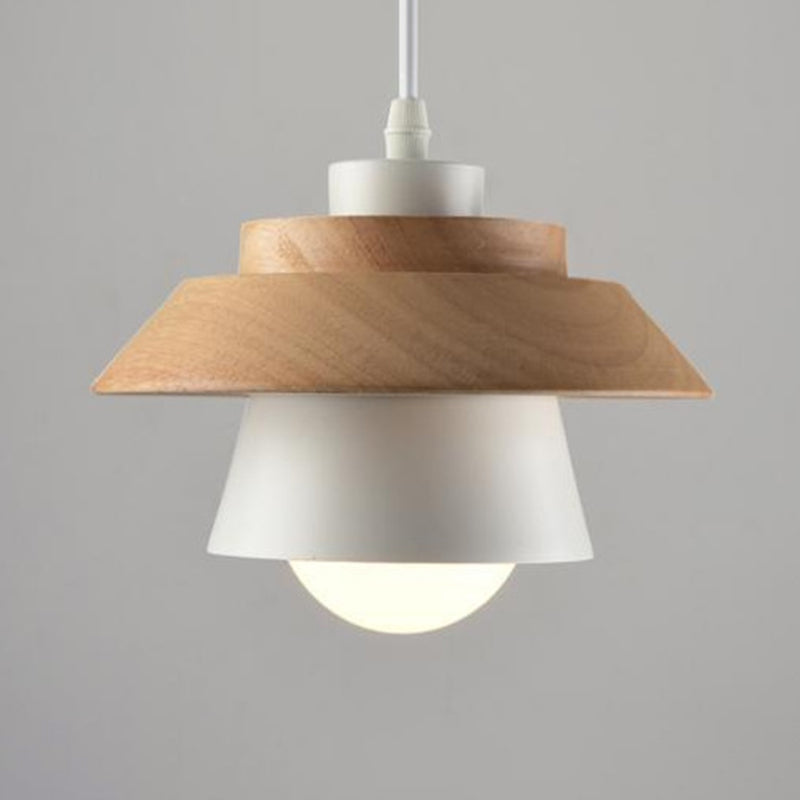 Saucer Cup Dining Room Hanging Lamp Metal and Wood 1 Bulb Nordic Pendant Light Fixture White Clearhalo 'Ceiling Lights' 'Modern Pendants' 'Modern' 'Pendant Lights' 'Pendants' Lighting' 2593318