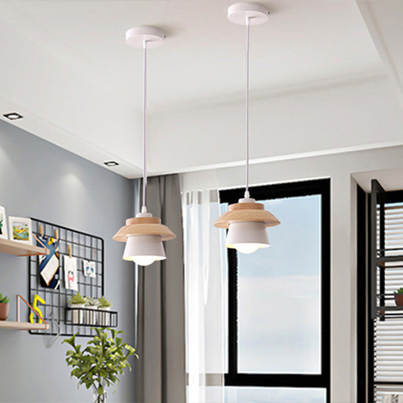 Saucer Cup Dining Room Hanging Lamp Metal and Wood 1 Bulb Nordic Pendant Light Fixture Clearhalo 'Ceiling Lights' 'Modern Pendants' 'Modern' 'Pendant Lights' 'Pendants' Lighting' 2593320