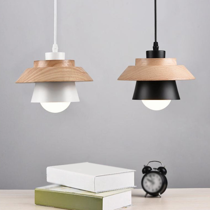 Saucer Cup Dining Room Hanging Lamp Metal and Wood 1 Bulb Nordic Pendant Light Fixture Clearhalo 'Ceiling Lights' 'Modern Pendants' 'Modern' 'Pendant Lights' 'Pendants' Lighting' 2593321