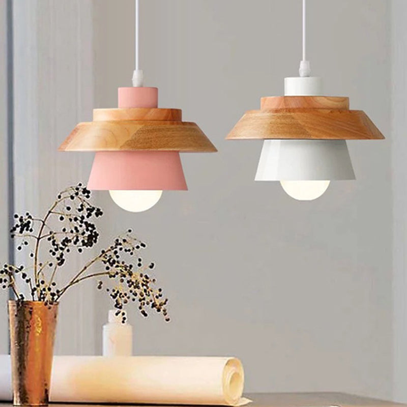Saucer Cup Dining Room Hanging Lamp Metal and Wood 1 Bulb Nordic Pendant Light Fixture Clearhalo 'Ceiling Lights' 'Modern Pendants' 'Modern' 'Pendant Lights' 'Pendants' Lighting' 2593323