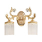 Clear Pipe Crystal Wall Lighting Vintage 1/2 Bulbs Wall Mounted Light Fixture with Curved Arm in Gold Finish Clearhalo 'Modern wall lights' 'Modern' 'Wall Lamps & Sconces' 'Wall Lights' Lighting' 259335