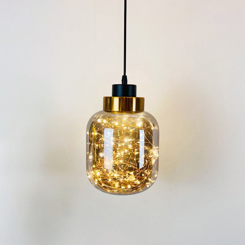 Glass Jar Pendant Light Fixture Modern Brass Finish Ceiling Hang Lamp with LED String Smoke Gray Warm Oval Clearhalo 'Ceiling Lights' 'Modern Pendants' 'Modern' 'Pendant Lights' 'Pendants' Lighting' 2593450