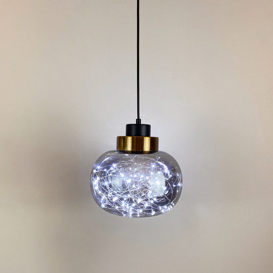 Glass Jar Pendant Light Fixture Modern Brass Finish Ceiling Hang Lamp with LED String Smoke Gray White Ellipsoidal Clearhalo 'Ceiling Lights' 'Modern Pendants' 'Modern' 'Pendant Lights' 'Pendants' Lighting' 2593451