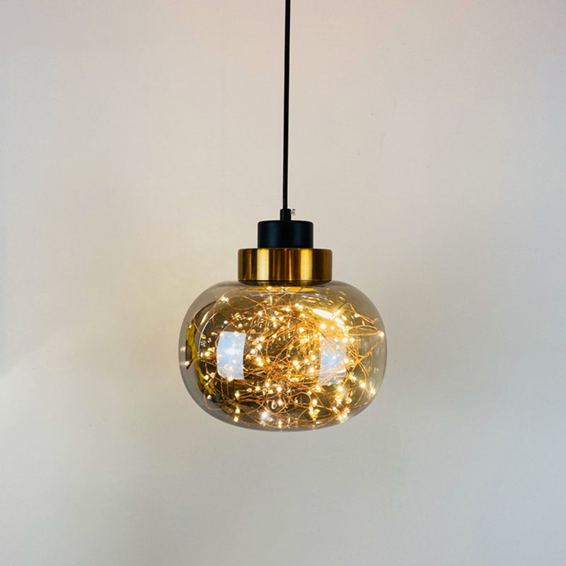 Glass Jar Pendant Light Fixture Modern Brass Finish Ceiling Hang Lamp with LED String Smoke Gray Warm Ellipsoidal Clearhalo 'Ceiling Lights' 'Modern Pendants' 'Modern' 'Pendant Lights' 'Pendants' Lighting' 2593453
