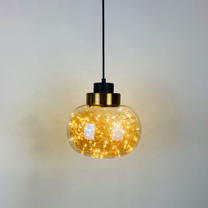 Glass Jar Pendant Light Fixture Modern Brass Finish Ceiling Hang Lamp with LED String Amber Warm Ellipsoidal Clearhalo 'Ceiling Lights' 'Modern Pendants' 'Modern' 'Pendant Lights' 'Pendants' Lighting' 2593455