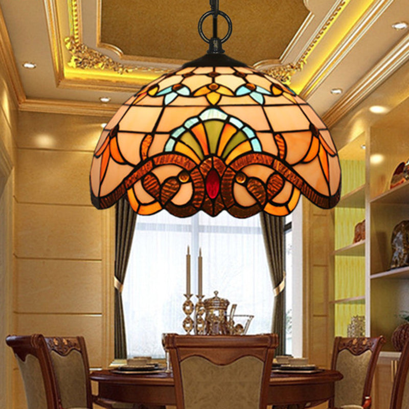 Baroque Domed Pendant Light Stained Glass Hanging Ceiling Light in Brown for Restaurant Clearhalo 'Art Deco Pendants' 'Cast Iron' 'Ceiling Lights' 'Ceramic' 'Crystal' 'Industrial' 'Metal' 'Middle Century Pendants' 'Pendant Lights' 'Pendants' 'Tiffany close to ceiling' 'Tiffany Pendants' 'Tiffany' Lighting' 2593496