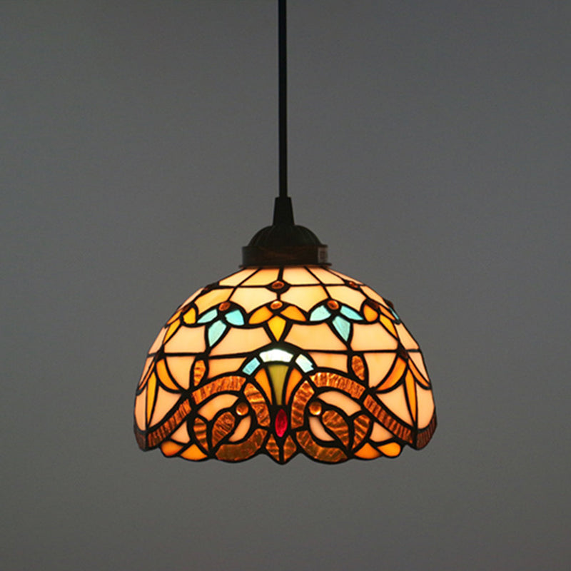 Baroque Domed Pendant Light Stained Glass Hanging Ceiling Light in Brown for Restaurant Brown 8" Cord Clearhalo 'Art Deco Pendants' 'Cast Iron' 'Ceiling Lights' 'Ceramic' 'Crystal' 'Industrial' 'Metal' 'Middle Century Pendants' 'Pendant Lights' 'Pendants' 'Tiffany close to ceiling' 'Tiffany Pendants' 'Tiffany' Lighting' 2593498