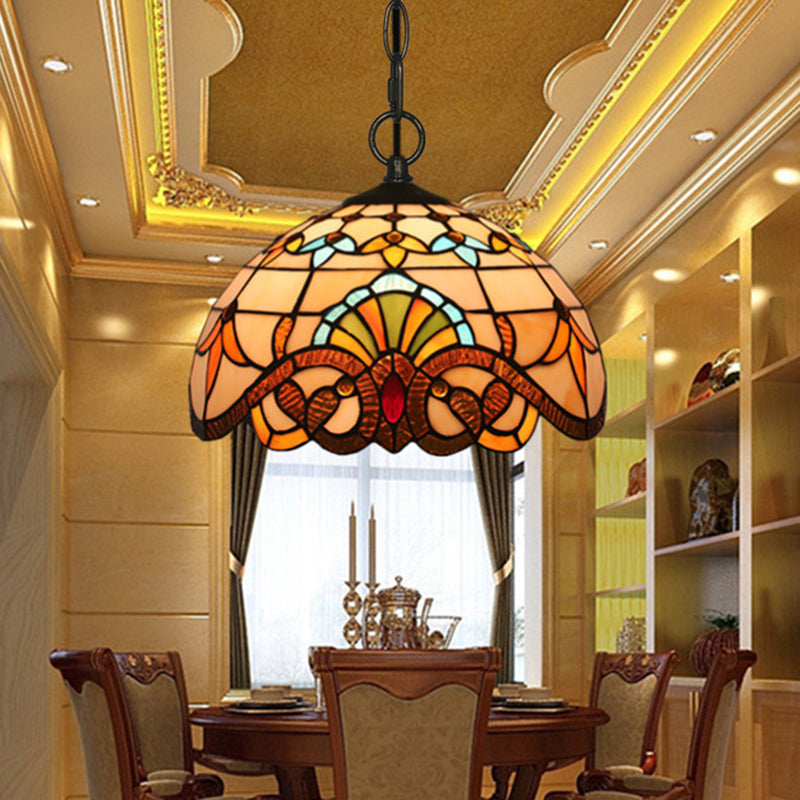 Baroque Domed Pendant Light Stained Glass Hanging Ceiling Light in Brown for Restaurant Clearhalo 'Art Deco Pendants' 'Cast Iron' 'Ceiling Lights' 'Ceramic' 'Crystal' 'Industrial' 'Metal' 'Middle Century Pendants' 'Pendant Lights' 'Pendants' 'Tiffany close to ceiling' 'Tiffany Pendants' 'Tiffany' Lighting' 2593499