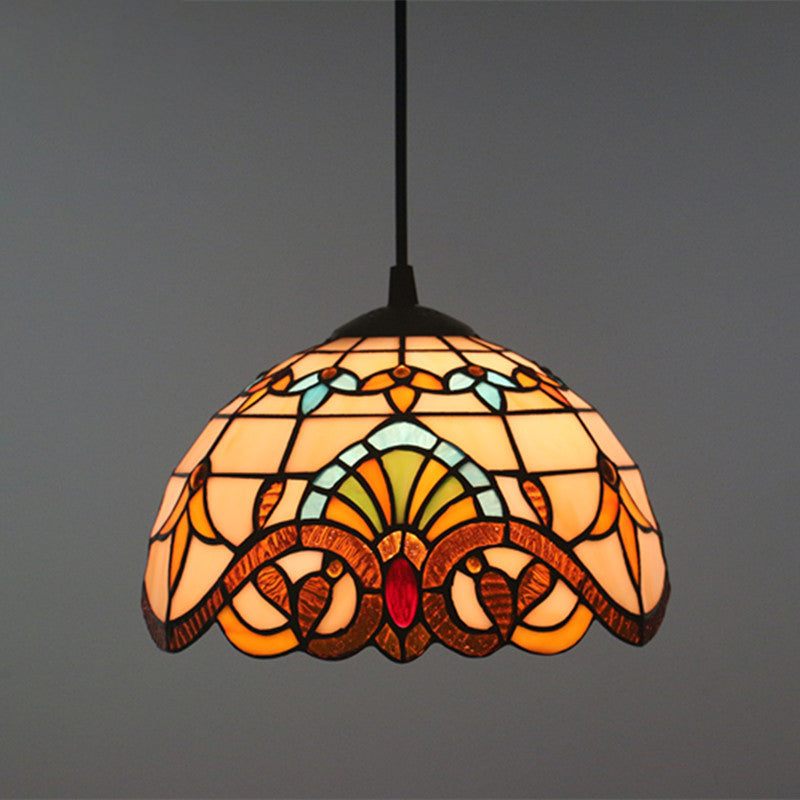 Baroque Domed Pendant Light Stained Glass Hanging Ceiling Light in Brown for Restaurant Brown 10" Cord Clearhalo 'Art Deco Pendants' 'Cast Iron' 'Ceiling Lights' 'Ceramic' 'Crystal' 'Industrial' 'Metal' 'Middle Century Pendants' 'Pendant Lights' 'Pendants' 'Tiffany close to ceiling' 'Tiffany Pendants' 'Tiffany' Lighting' 2593500