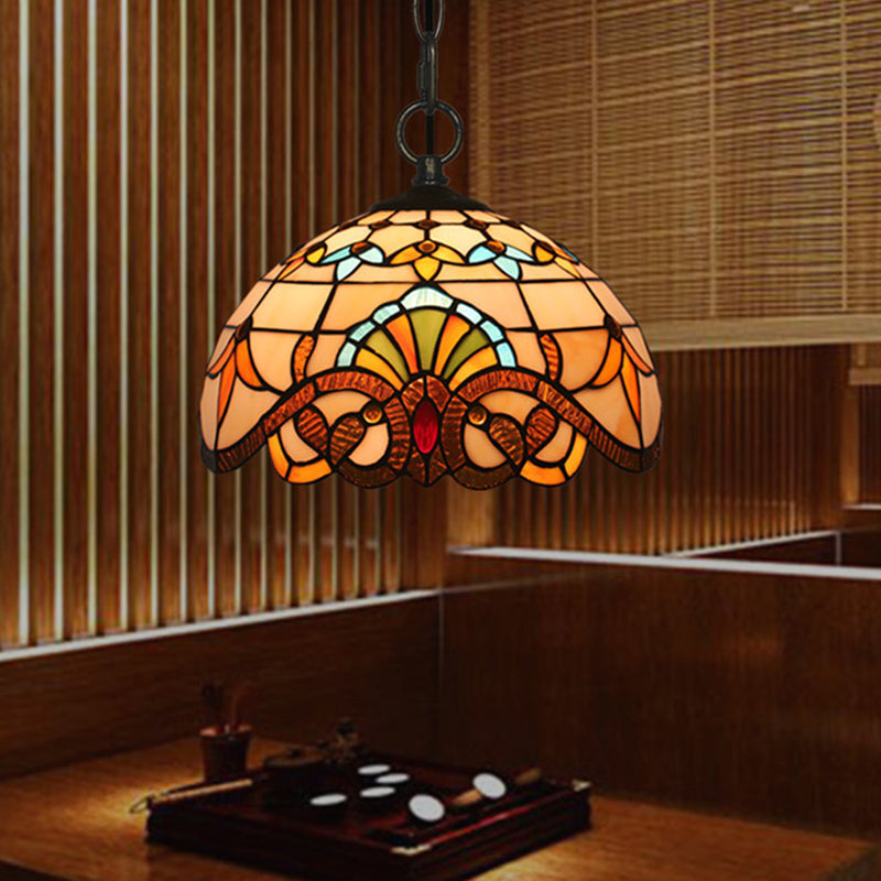 Baroque Domed Pendant Light Stained Glass Hanging Ceiling Light in Brown for Restaurant Clearhalo 'Art Deco Pendants' 'Cast Iron' 'Ceiling Lights' 'Ceramic' 'Crystal' 'Industrial' 'Metal' 'Middle Century Pendants' 'Pendant Lights' 'Pendants' 'Tiffany close to ceiling' 'Tiffany Pendants' 'Tiffany' Lighting' 2593501