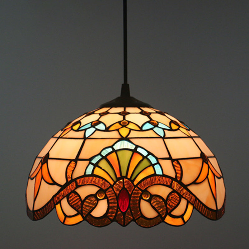 Baroque Domed Pendant Light Stained Glass Hanging Ceiling Light in Brown for Restaurant Brown 12" Cord Clearhalo 'Art Deco Pendants' 'Cast Iron' 'Ceiling Lights' 'Ceramic' 'Crystal' 'Industrial' 'Metal' 'Middle Century Pendants' 'Pendant Lights' 'Pendants' 'Tiffany close to ceiling' 'Tiffany Pendants' 'Tiffany' Lighting' 2593502