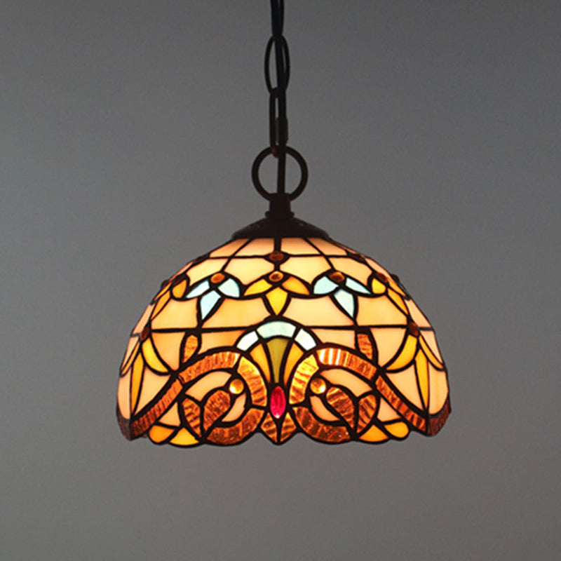Baroque Domed Pendant Light Stained Glass Hanging Ceiling Light in Brown for Restaurant Brown 8" Chain Clearhalo 'Art Deco Pendants' 'Cast Iron' 'Ceiling Lights' 'Ceramic' 'Crystal' 'Industrial' 'Metal' 'Middle Century Pendants' 'Pendant Lights' 'Pendants' 'Tiffany close to ceiling' 'Tiffany Pendants' 'Tiffany' Lighting' 2593504