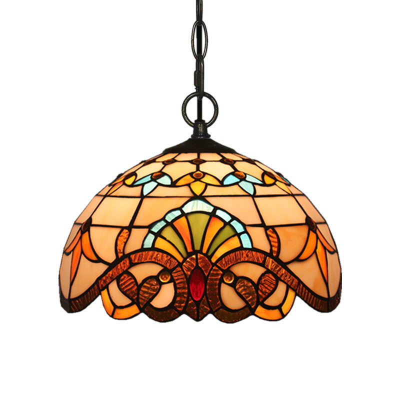 Baroque Domed Pendant Light Stained Glass Hanging Ceiling Light in Brown for Restaurant Clearhalo 'Art Deco Pendants' 'Cast Iron' 'Ceiling Lights' 'Ceramic' 'Crystal' 'Industrial' 'Metal' 'Middle Century Pendants' 'Pendant Lights' 'Pendants' 'Tiffany close to ceiling' 'Tiffany Pendants' 'Tiffany' Lighting' 2593505