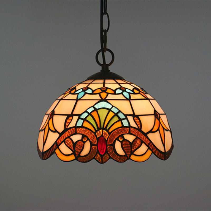Baroque Domed Pendant Light Stained Glass Hanging Ceiling Light in Brown for Restaurant Brown 10" Chain Clearhalo 'Art Deco Pendants' 'Cast Iron' 'Ceiling Lights' 'Ceramic' 'Crystal' 'Industrial' 'Metal' 'Middle Century Pendants' 'Pendant Lights' 'Pendants' 'Tiffany close to ceiling' 'Tiffany Pendants' 'Tiffany' Lighting' 2593506