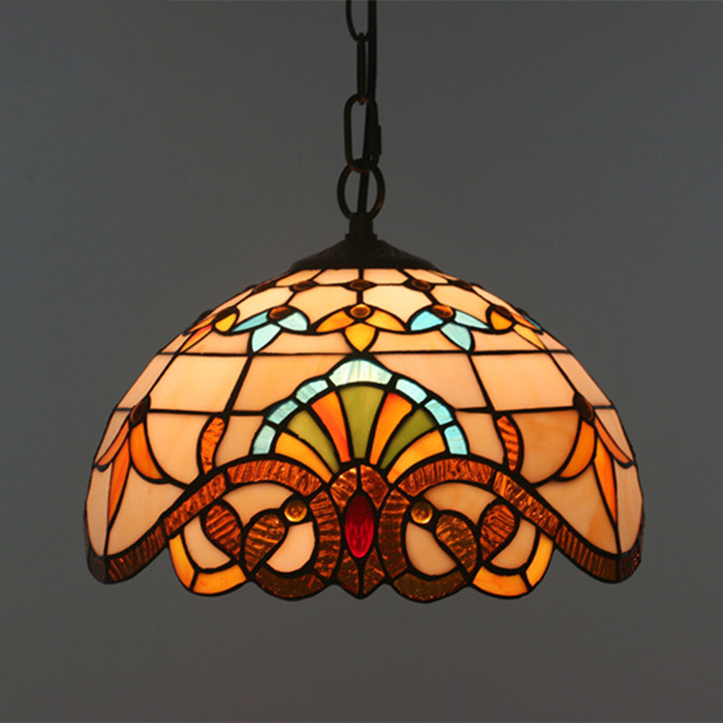 Baroque Domed Pendant Light Stained Glass Hanging Ceiling Light in Brown for Restaurant Brown 12" Chain Clearhalo 'Art Deco Pendants' 'Cast Iron' 'Ceiling Lights' 'Ceramic' 'Crystal' 'Industrial' 'Metal' 'Middle Century Pendants' 'Pendant Lights' 'Pendants' 'Tiffany close to ceiling' 'Tiffany Pendants' 'Tiffany' Lighting' 2593507