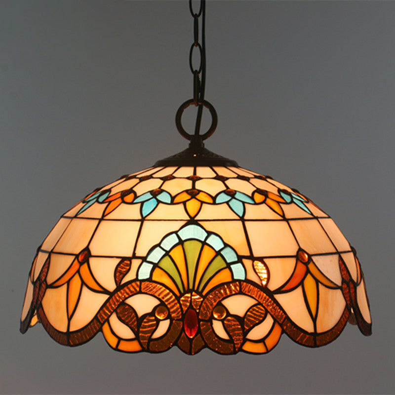 Baroque Domed Pendant Light Stained Glass Hanging Ceiling Light in Brown for Restaurant Brown 16" Chain Clearhalo 'Art Deco Pendants' 'Cast Iron' 'Ceiling Lights' 'Ceramic' 'Crystal' 'Industrial' 'Metal' 'Middle Century Pendants' 'Pendant Lights' 'Pendants' 'Tiffany close to ceiling' 'Tiffany Pendants' 'Tiffany' Lighting' 2593508