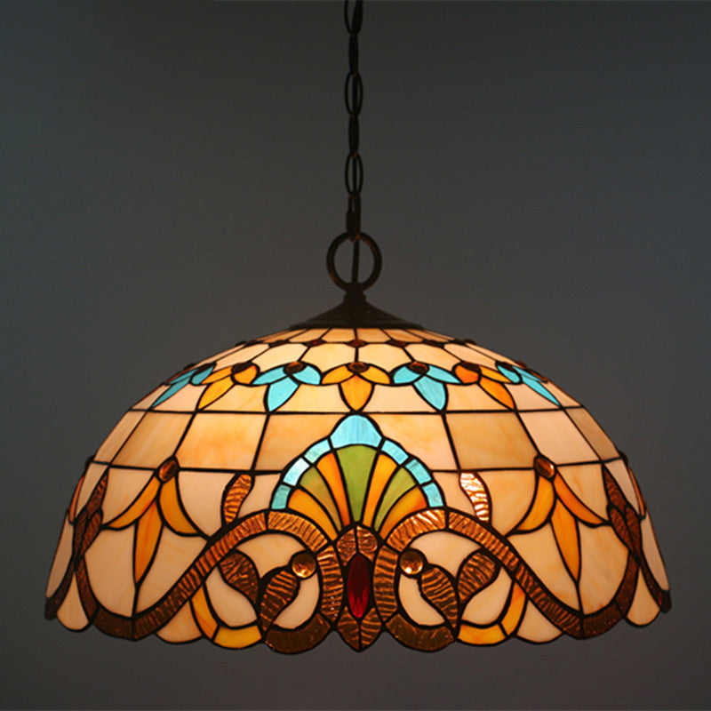 Baroque Domed Pendant Light Stained Glass Hanging Ceiling Light in Brown for Restaurant Brown 19.5" Chain Clearhalo 'Art Deco Pendants' 'Cast Iron' 'Ceiling Lights' 'Ceramic' 'Crystal' 'Industrial' 'Metal' 'Middle Century Pendants' 'Pendant Lights' 'Pendants' 'Tiffany close to ceiling' 'Tiffany Pendants' 'Tiffany' Lighting' 2593509