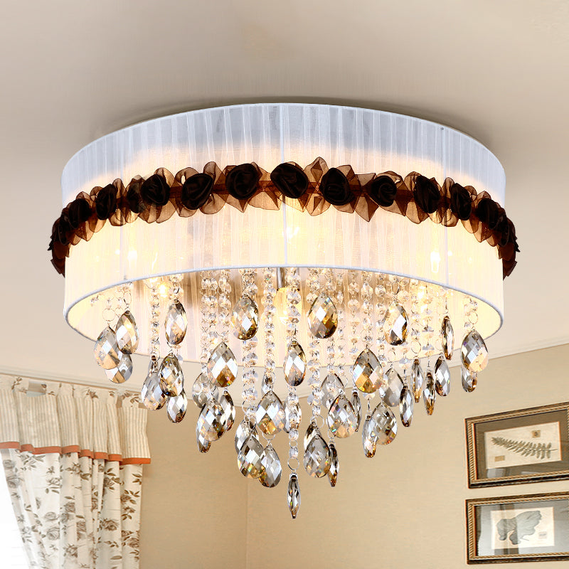 Fabric Circle Flushmount Lighting Vintage 6 Lights Bedroom Flush Ceiling Light with Crystal Bead Decoration in White White Clearhalo 'Ceiling Lights' 'Close To Ceiling Lights' 'Close to ceiling' 'Flush mount' Lighting' 259351