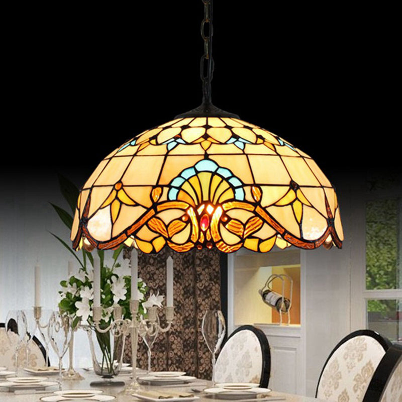 Stained Glass Dome Suspension Lighting Tiffany 1-Light Beige Pendant for Dining Room Beige Clearhalo 'Art Deco Pendants' 'Cast Iron' 'Ceiling Lights' 'Ceramic' 'Crystal' 'Industrial' 'Metal' 'Middle Century Pendants' 'Pendant Lights' 'Pendants' 'Tiffany close to ceiling' 'Tiffany Pendants' 'Tiffany' Lighting' 2593510