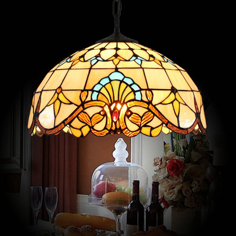 Stained Glass Dome Suspension Lighting Tiffany 1-Light Beige Pendant for Dining Room Clearhalo 'Art Deco Pendants' 'Cast Iron' 'Ceiling Lights' 'Ceramic' 'Crystal' 'Industrial' 'Metal' 'Middle Century Pendants' 'Pendant Lights' 'Pendants' 'Tiffany close to ceiling' 'Tiffany Pendants' 'Tiffany' Lighting' 2593511