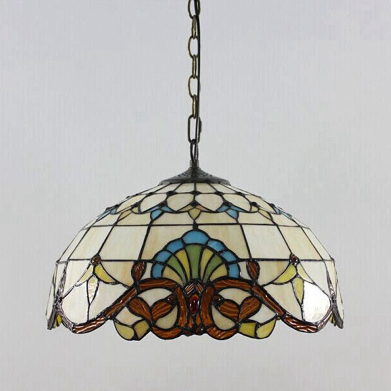 Stained Glass Dome Suspension Lighting Tiffany 1-Light Beige Pendant for Dining Room Clearhalo 'Art Deco Pendants' 'Cast Iron' 'Ceiling Lights' 'Ceramic' 'Crystal' 'Industrial' 'Metal' 'Middle Century Pendants' 'Pendant Lights' 'Pendants' 'Tiffany close to ceiling' 'Tiffany Pendants' 'Tiffany' Lighting' 2593512