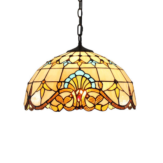 Stained Glass Dome Suspension Lighting Tiffany 1-Light Beige Pendant for Dining Room Clearhalo 'Art Deco Pendants' 'Cast Iron' 'Ceiling Lights' 'Ceramic' 'Crystal' 'Industrial' 'Metal' 'Middle Century Pendants' 'Pendant Lights' 'Pendants' 'Tiffany close to ceiling' 'Tiffany Pendants' 'Tiffany' Lighting' 2593514