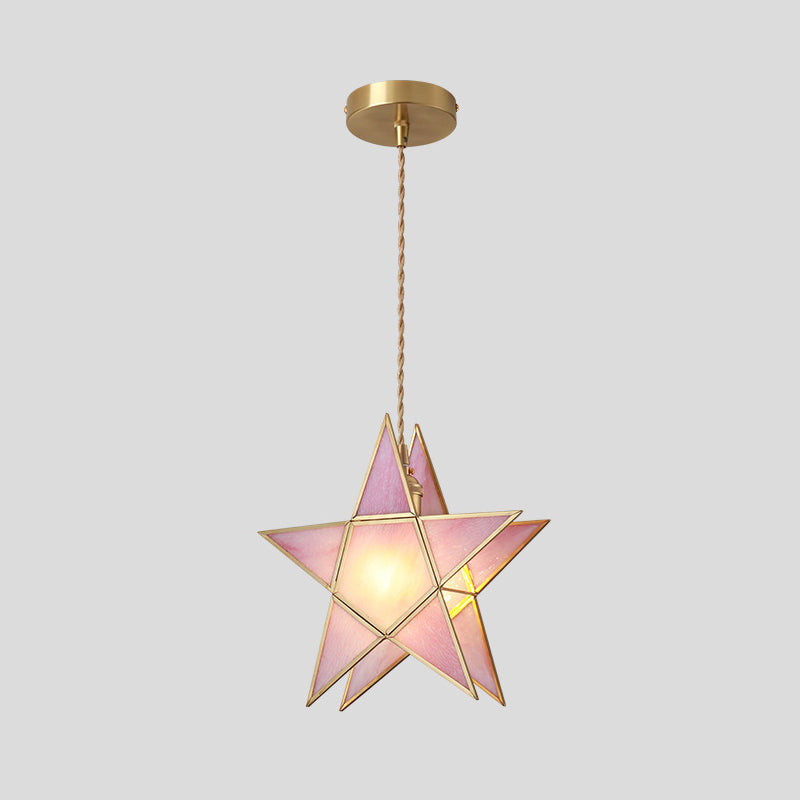 Suspended Lighting Fixture Tiffany Style Shaded Glass Hanging Pendant with Brass Canopy Pink Star Clearhalo 'Ceiling Lights' 'Glass shade' 'Glass' 'Modern Pendants' 'Modern' 'Pendant Lights' 'Pendants' Lighting' 2593528