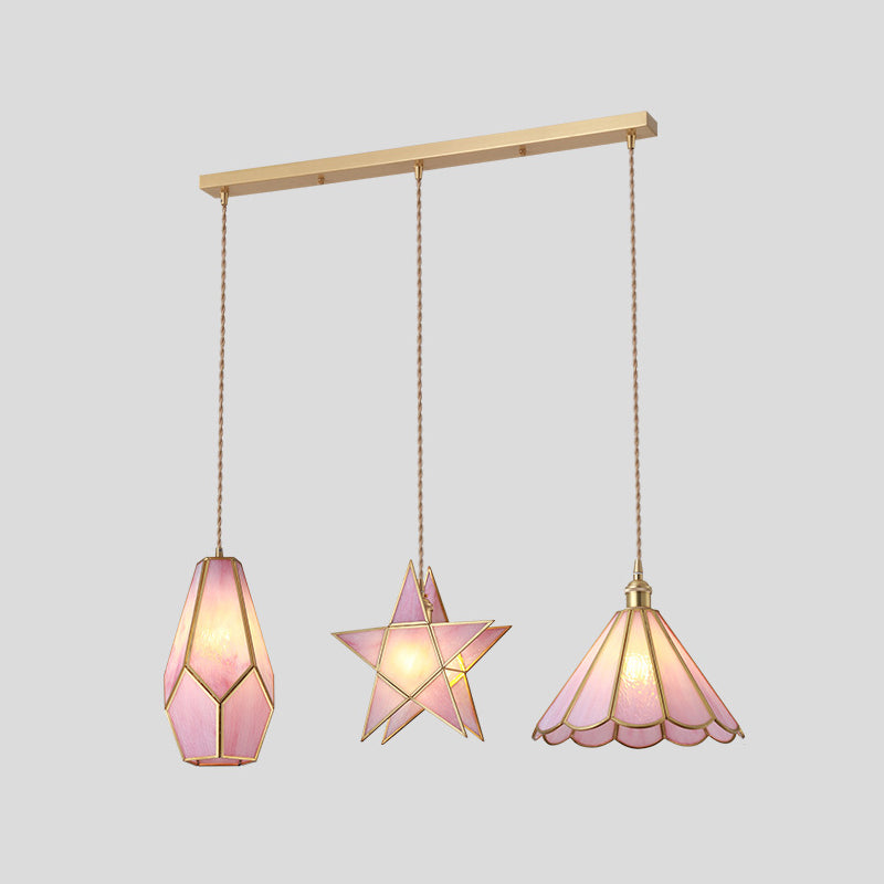 Suspended Lighting Fixture Tiffany Style Shaded Glass Hanging Pendant with Brass Canopy Pink Linear Canopy Clearhalo 'Ceiling Lights' 'Glass shade' 'Glass' 'Modern Pendants' 'Modern' 'Pendant Lights' 'Pendants' Lighting' 2593539