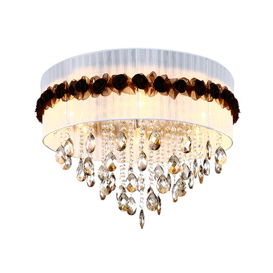 Fabric Circle Flushmount Lighting Vintage 6 Lights Bedroom Flush Ceiling Light with Crystal Bead Decoration in White Clearhalo 'Ceiling Lights' 'Close To Ceiling Lights' 'Close to ceiling' 'Flush mount' Lighting' 259353