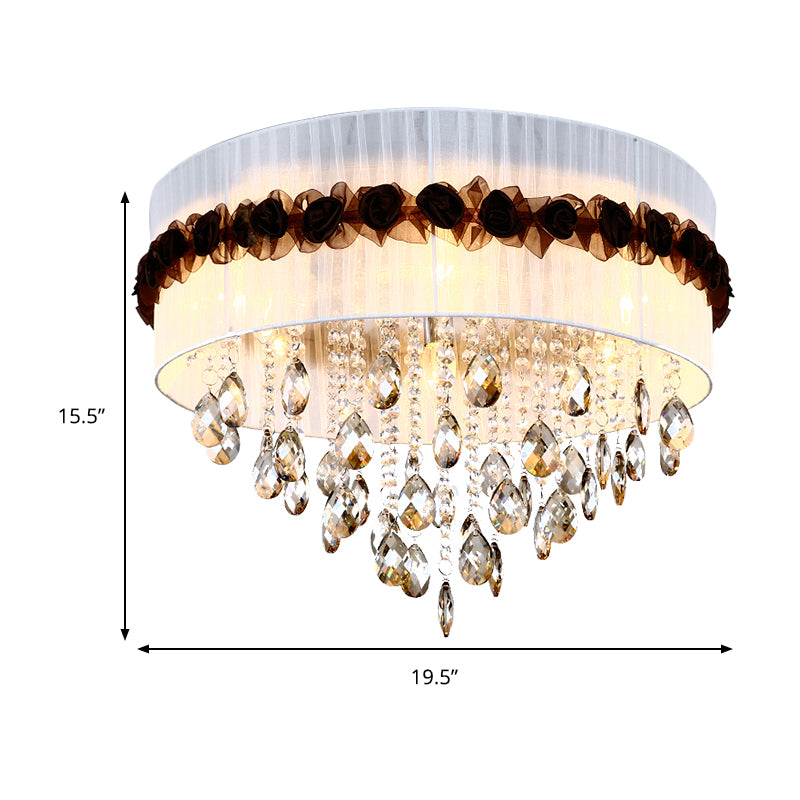 Fabric Circle Flushmount Lighting Vintage 6 Lights Bedroom Flush Ceiling Light with Crystal Bead Decoration in White Clearhalo 'Ceiling Lights' 'Close To Ceiling Lights' 'Close to ceiling' 'Flush mount' Lighting' 259354