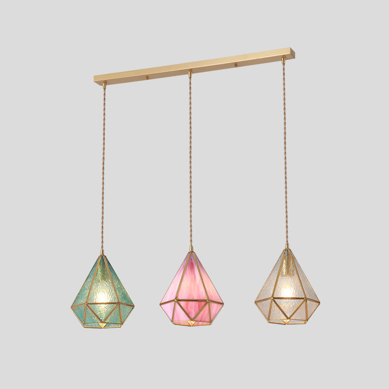 Suspended Lighting Fixture Tiffany Style Shaded Glass Hanging Pendant with Brass Canopy Blue Linear Canopy Clearhalo 'Ceiling Lights' 'Glass shade' 'Glass' 'Modern Pendants' 'Modern' 'Pendant Lights' 'Pendants' Lighting' 2593541