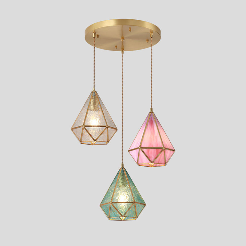 Suspended Lighting Fixture Tiffany Style Shaded Glass Hanging Pendant with Brass Canopy Blue Round Canopy Clearhalo 'Ceiling Lights' 'Glass shade' 'Glass' 'Modern Pendants' 'Modern' 'Pendant Lights' 'Pendants' Lighting' 2593546