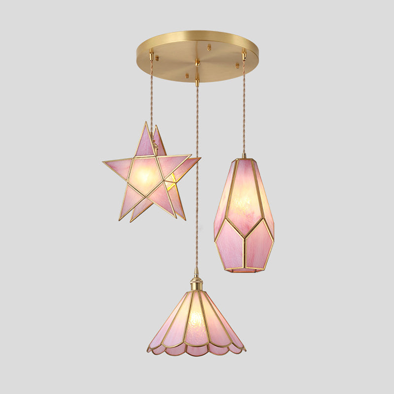 Suspended Lighting Fixture Tiffany Style Shaded Glass Hanging Pendant with Brass Canopy Pink Round Canopy Clearhalo 'Ceiling Lights' 'Glass shade' 'Glass' 'Modern Pendants' 'Modern' 'Pendant Lights' 'Pendants' Lighting' 2593547