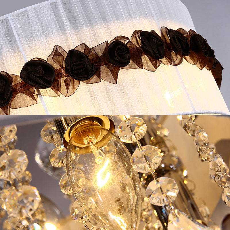 Fabric Circle Flushmount Lighting Vintage 6 Lights Bedroom Flush Ceiling Light with Crystal Bead Decoration in White Clearhalo 'Ceiling Lights' 'Close To Ceiling Lights' 'Close to ceiling' 'Flush mount' Lighting' 259355