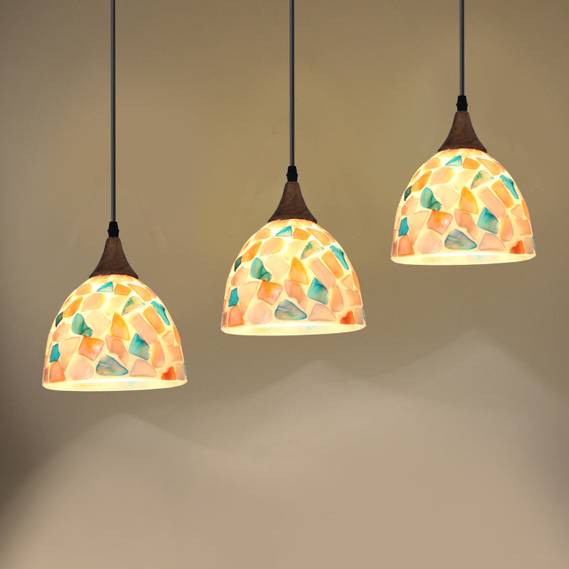 Mosaic Effect Bell Hanging Lamp Mediterranean Beige Shell Pendant Lighting for Kitchen 3 Beige Linear Clearhalo 'Ceiling Lights' 'Close To Ceiling Lights' 'Industrial' 'Middle Century Pendants' 'Pendant Lights' 'Pendants' 'Tiffany close to ceiling' 'Tiffany Pendants' 'Tiffany' Lighting' 2593560