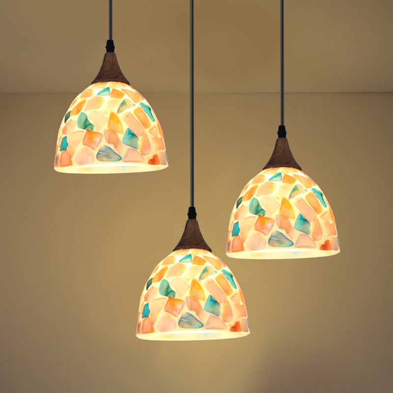 Mosaic Effect Bell Hanging Lamp Mediterranean Beige Shell Pendant Lighting for Kitchen 3 Beige Round Clearhalo 'Ceiling Lights' 'Close To Ceiling Lights' 'Industrial' 'Middle Century Pendants' 'Pendant Lights' 'Pendants' 'Tiffany close to ceiling' 'Tiffany Pendants' 'Tiffany' Lighting' 2593561