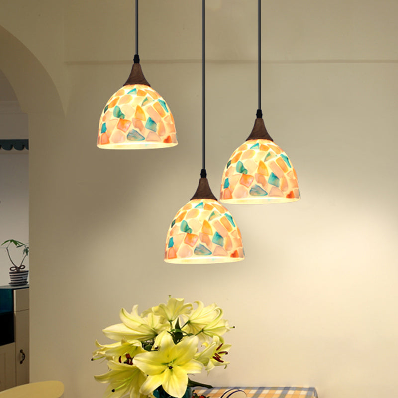 Mosaic Effect Bell Hanging Lamp Mediterranean Beige Shell Pendant Lighting for Kitchen Clearhalo 'Ceiling Lights' 'Close To Ceiling Lights' 'Industrial' 'Middle Century Pendants' 'Pendant Lights' 'Pendants' 'Tiffany close to ceiling' 'Tiffany Pendants' 'Tiffany' Lighting' 2593568