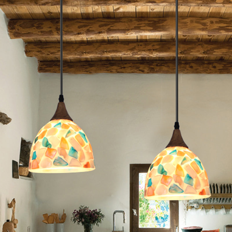 Mosaic Effect Bell Hanging Lamp Mediterranean Beige Shell Pendant Lighting for Kitchen Clearhalo 'Ceiling Lights' 'Close To Ceiling Lights' 'Industrial' 'Middle Century Pendants' 'Pendant Lights' 'Pendants' 'Tiffany close to ceiling' 'Tiffany Pendants' 'Tiffany' Lighting' 2593570