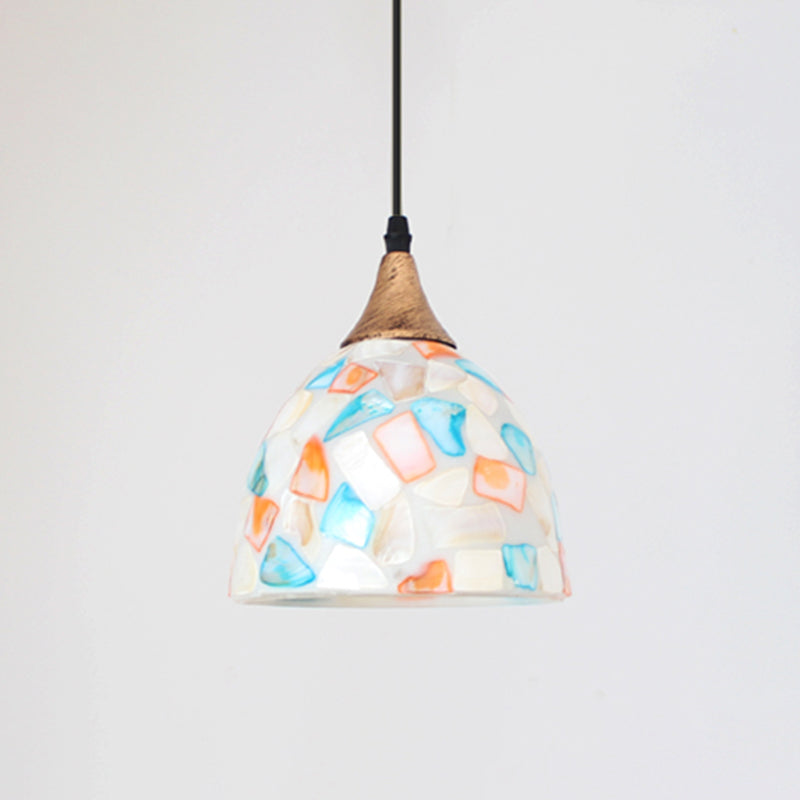 Mosaic Effect Bell Hanging Lamp Mediterranean Beige Shell Pendant Lighting for Kitchen Clearhalo 'Ceiling Lights' 'Close To Ceiling Lights' 'Industrial' 'Middle Century Pendants' 'Pendant Lights' 'Pendants' 'Tiffany close to ceiling' 'Tiffany Pendants' 'Tiffany' Lighting' 2593571