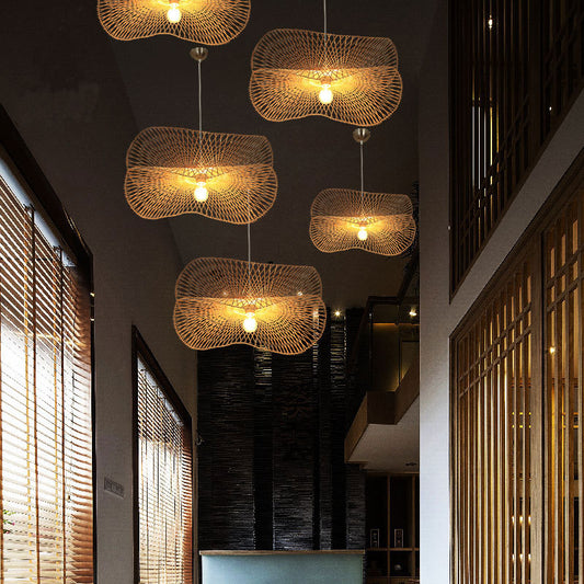 Single Hallway Ceiling Suspension Lamp Minimalist Wood Pendant with Ruffle Bamboo Shade Clearhalo 'Ceiling Lights' 'Pendant Lights' 'Pendants' Lighting' 2593596