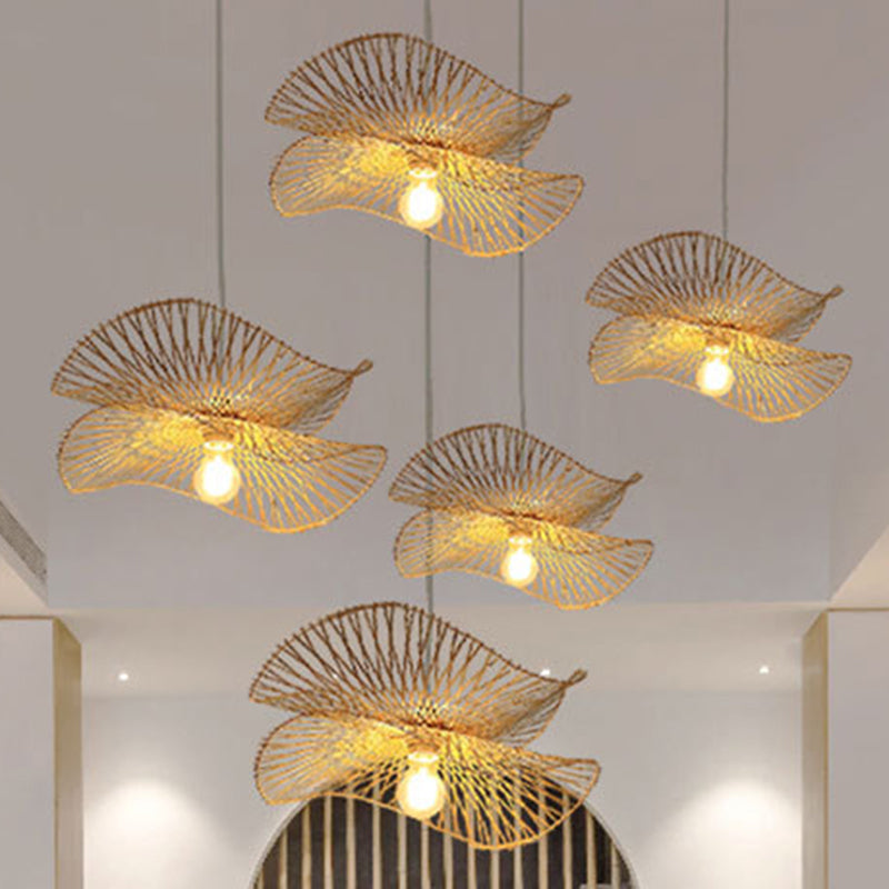 Single Hallway Ceiling Suspension Lamp Minimalist Wood Pendant with Ruffle Bamboo Shade Clearhalo 'Ceiling Lights' 'Pendant Lights' 'Pendants' Lighting' 2593598