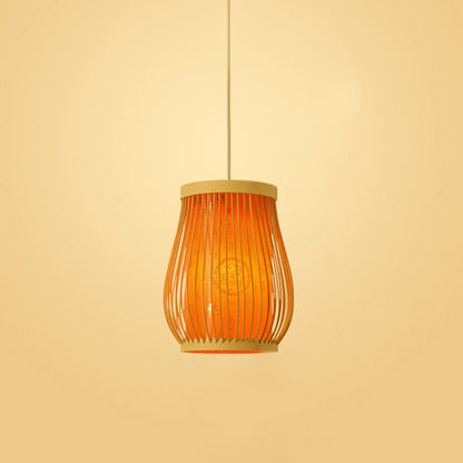 Chinoiserie Woven Hanging Light Fixture Bamboo Single Tea Room Ceiling Light with Print Lampshade Orange 8" Clearhalo 'Ceiling Lights' 'Pendant Lights' 'Pendants' Lighting' 2593622