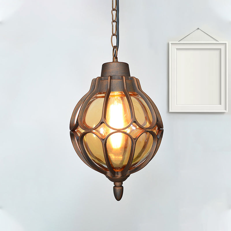 1 Light 7"/9"/11" Wide Orb Pendant Lamp Vintage Amber Glass Suspension Lamp in Black/Bronze/Gold Bronze Clearhalo 'Ceiling Lights' 'Glass shade' 'Glass' 'Industrial Pendants' 'Industrial' 'Middle Century Pendants' 'Pendant Lights' 'Pendants' 'Tiffany' Lighting' 259365