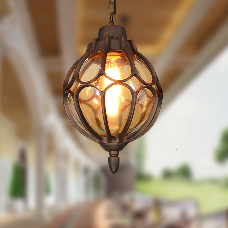 1 Light 7"/9"/11" Wide Orb Pendant Lamp Vintage Amber Glass Suspension Lamp in Black/Bronze/Gold Clearhalo 'Ceiling Lights' 'Glass shade' 'Glass' 'Industrial Pendants' 'Industrial' 'Middle Century Pendants' 'Pendant Lights' 'Pendants' 'Tiffany' Lighting' 259366
