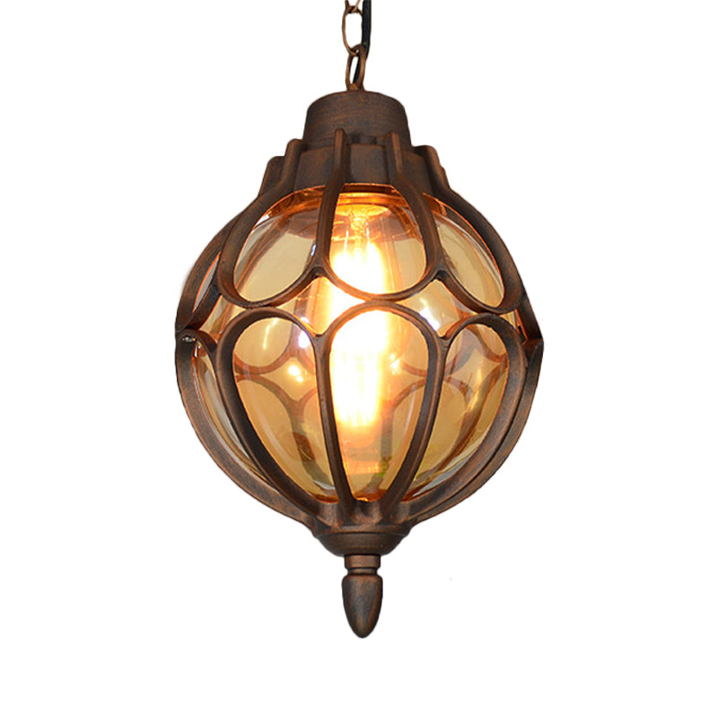 1 Light 7"/9"/11" Wide Orb Pendant Lamp Vintage Amber Glass Suspension Lamp in Black/Bronze/Gold Clearhalo 'Ceiling Lights' 'Glass shade' 'Glass' 'Industrial Pendants' 'Industrial' 'Middle Century Pendants' 'Pendant Lights' 'Pendants' 'Tiffany' Lighting' 259367