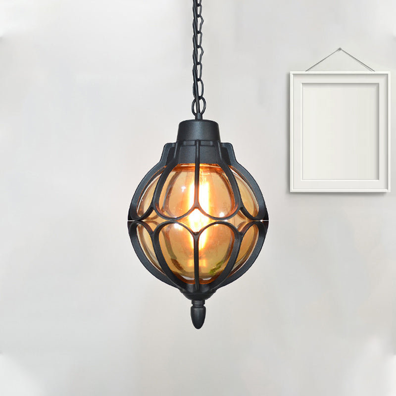 1 Light 7"/9"/11" Wide Orb Pendant Lamp Vintage Amber Glass Suspension Lamp in Black/Bronze/Gold Black Clearhalo 'Ceiling Lights' 'Glass shade' 'Glass' 'Industrial Pendants' 'Industrial' 'Middle Century Pendants' 'Pendant Lights' 'Pendants' 'Tiffany' Lighting' 259369