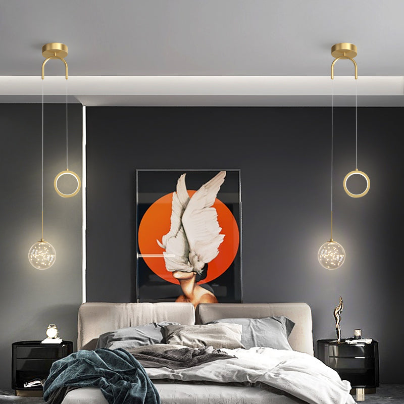 Glass Ball and Ring LED Pendant Minimalist 2-Light Gold Starry Suspension Light for Bedroom Clearhalo 'Ceiling Lights' 'Glass shade' 'Glass' 'Modern Pendants' 'Modern' 'Pendant Lights' 'Pendants' Lighting' 2593740
