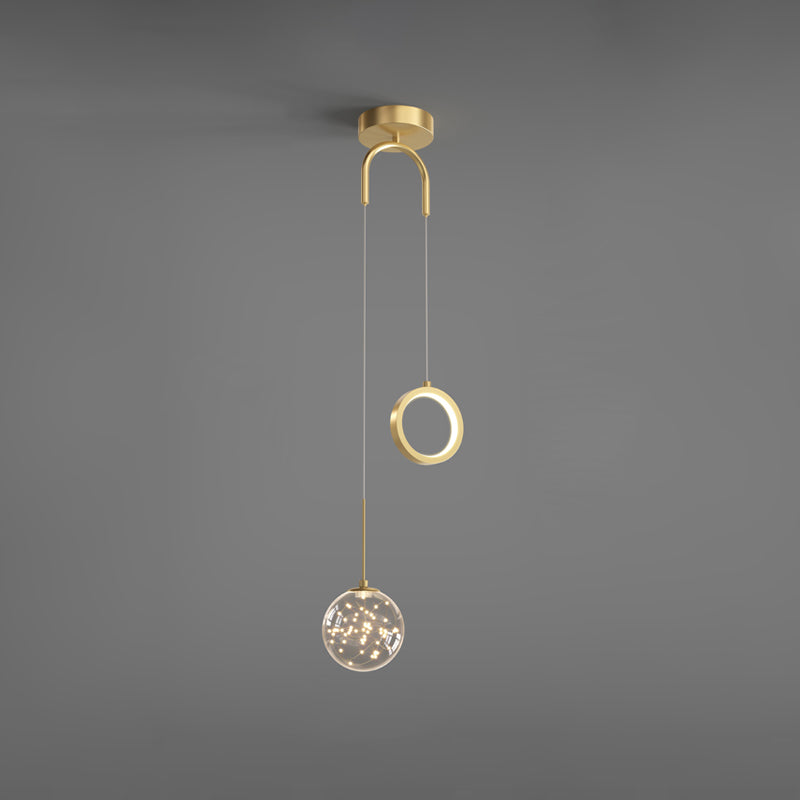 Glass Ball and Ring LED Pendant Minimalist 2-Light Gold Starry Suspension Light for Bedroom Gold White A Clearhalo 'Ceiling Lights' 'Glass shade' 'Glass' 'Modern Pendants' 'Modern' 'Pendant Lights' 'Pendants' Lighting' 2593741
