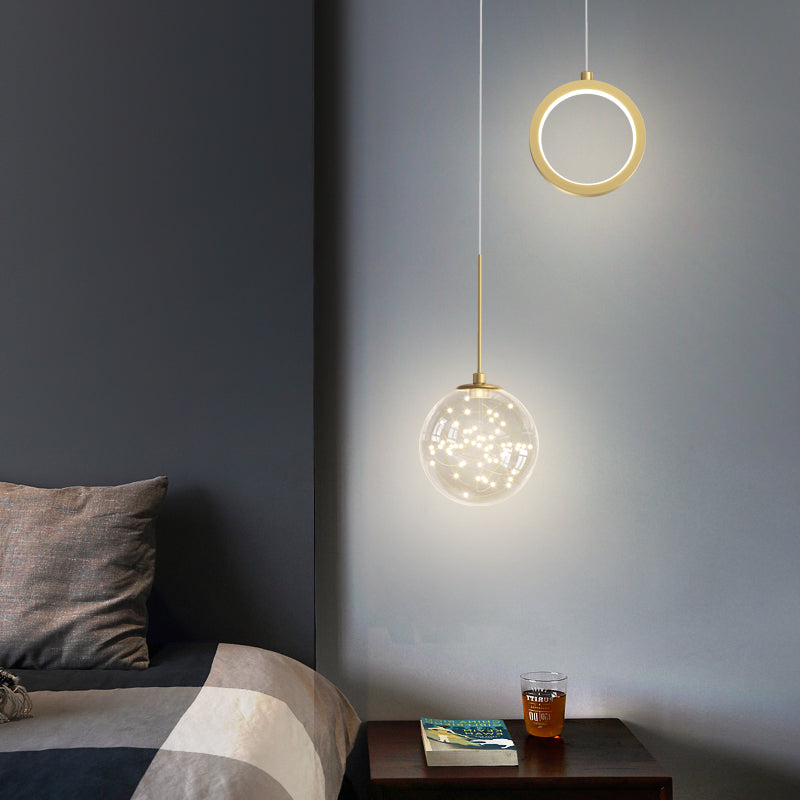 Glass Ball and Ring LED Pendant Minimalist 2-Light Gold Starry Suspension Light for Bedroom Clearhalo 'Ceiling Lights' 'Glass shade' 'Glass' 'Modern Pendants' 'Modern' 'Pendant Lights' 'Pendants' Lighting' 2593743