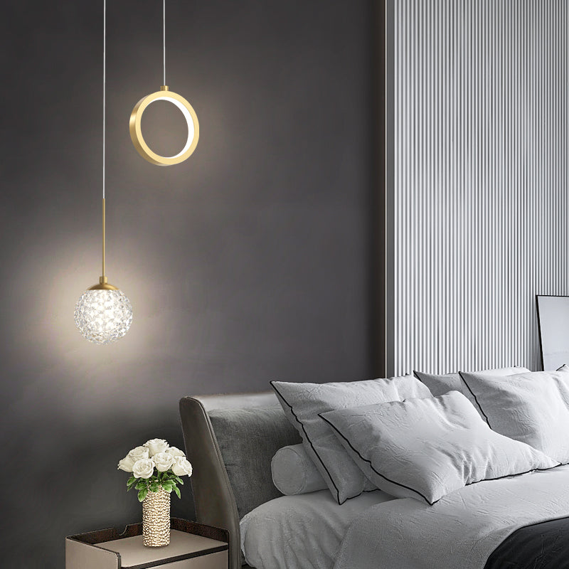 Glass Ball and Ring LED Pendant Minimalist 2-Light Gold Starry Suspension Light for Bedroom Clearhalo 'Ceiling Lights' 'Glass shade' 'Glass' 'Modern Pendants' 'Modern' 'Pendant Lights' 'Pendants' Lighting' 2593747